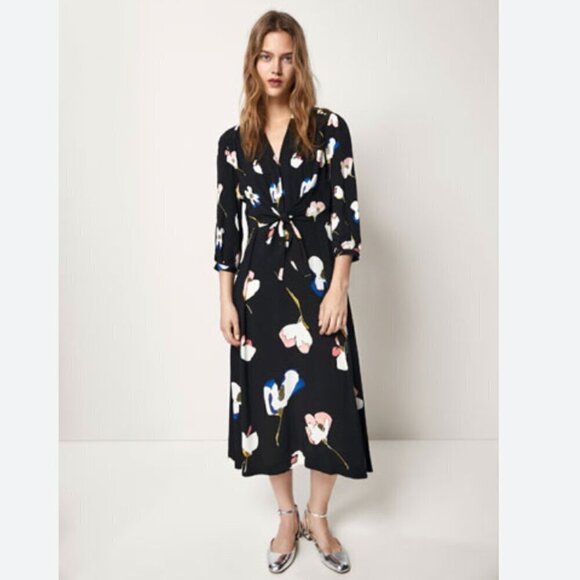 NWOT MASSIMO DUTTI BLACK FLORAL FRONT-KNOT MIDI DRESS - 4 - Picture 1 of 13
